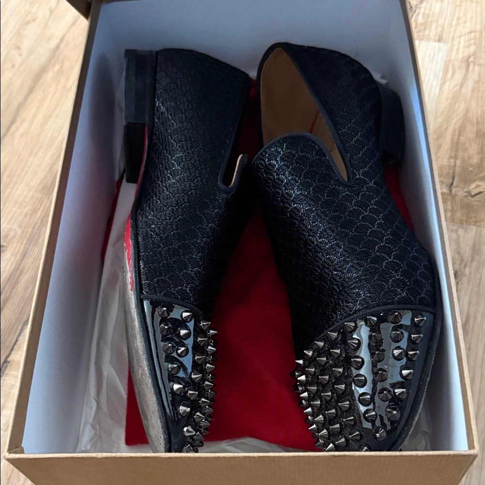 Christian Louboutin Black Textured Studded Loafers